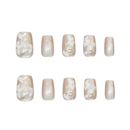 Nail Tips  prefabricated nail three-dimensional gilt leaves white flowers cat eye retro white press on nails 30 pieces｜365nails