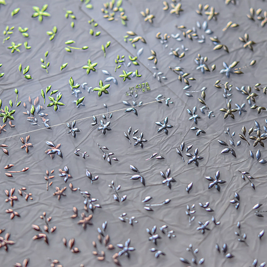 Green Gold Leaf & Star: "Fresh Spring" – 3D Embossed Nail Sticker