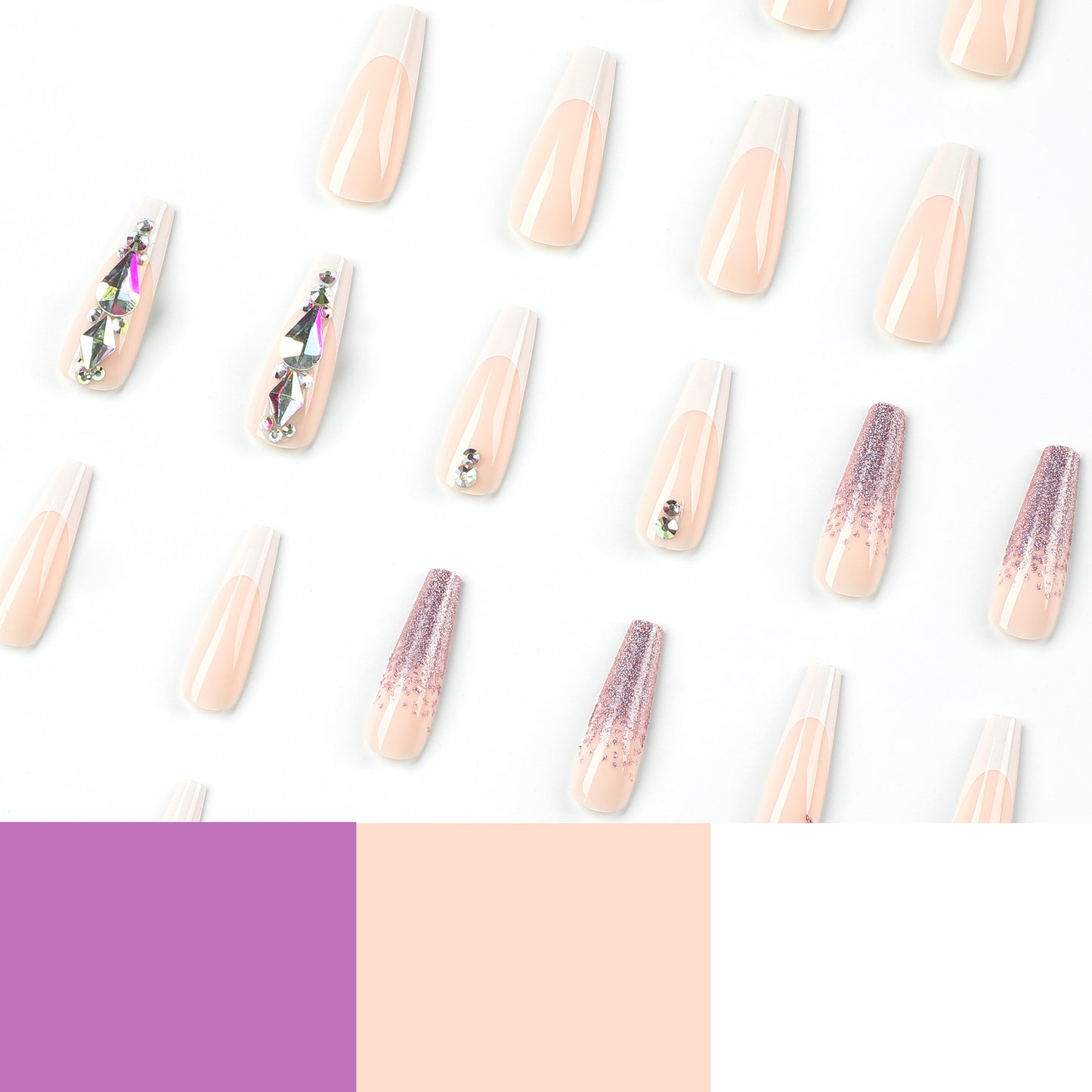 Wear nail piece White French manicure patch Wear nail purple glitter rhinestone nail sticker Removable nail piece｜365nails