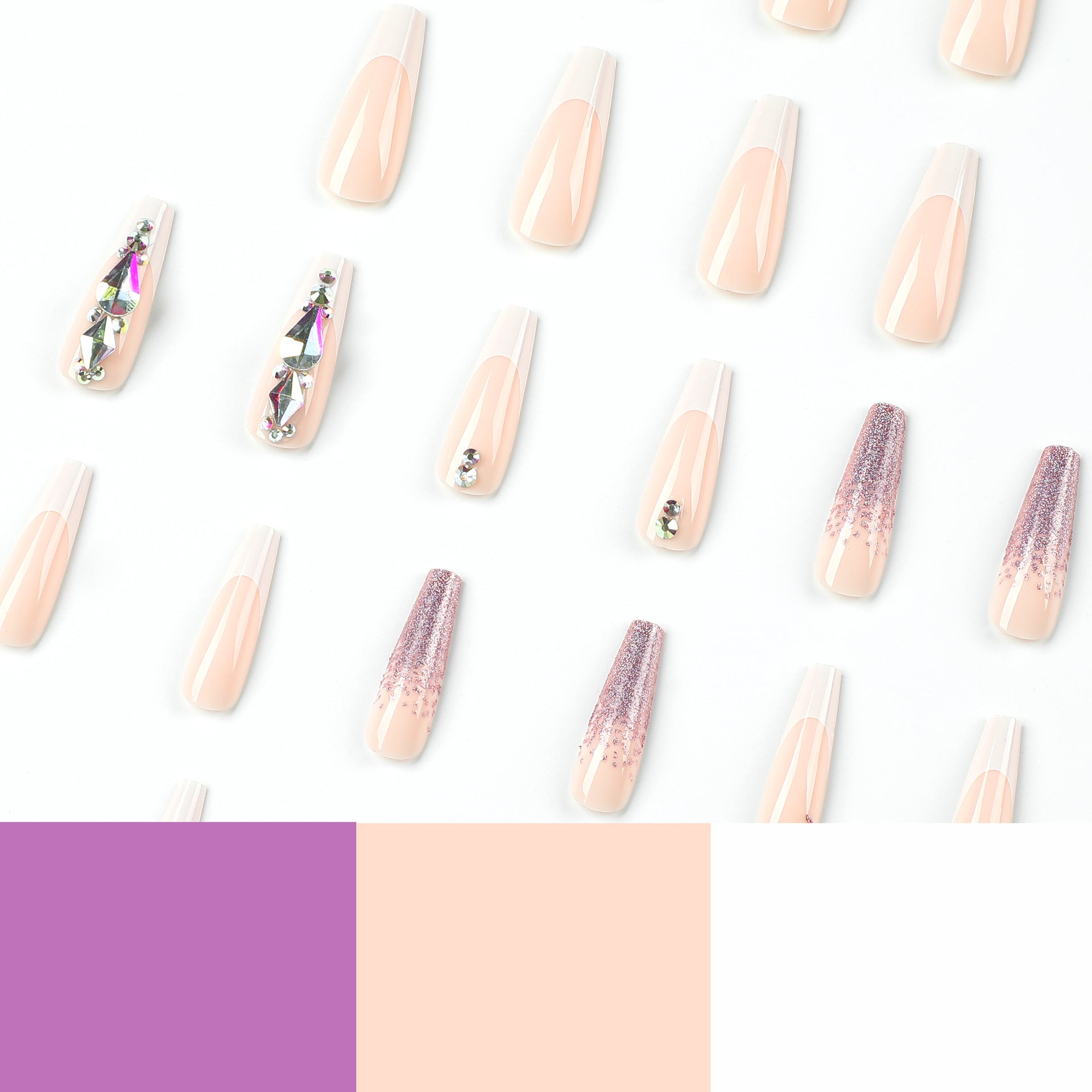 Peça de unha removível Patch de manicure francesa branca Adesivo de unha com glitter roxo e strass Peça de unha removível ｜ 365 unhas