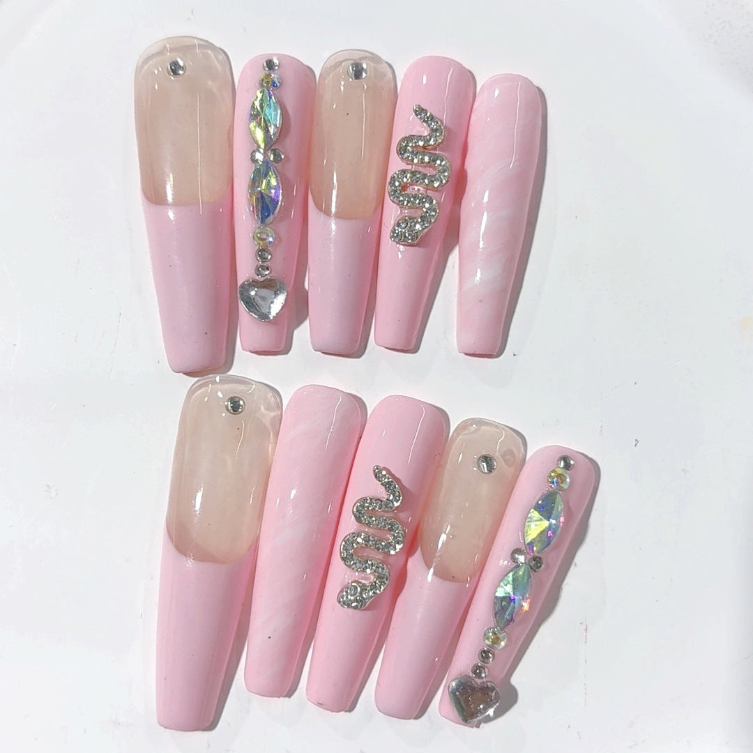 Soft Pink Snake Crystal Extra Long Coffin Press On Nails