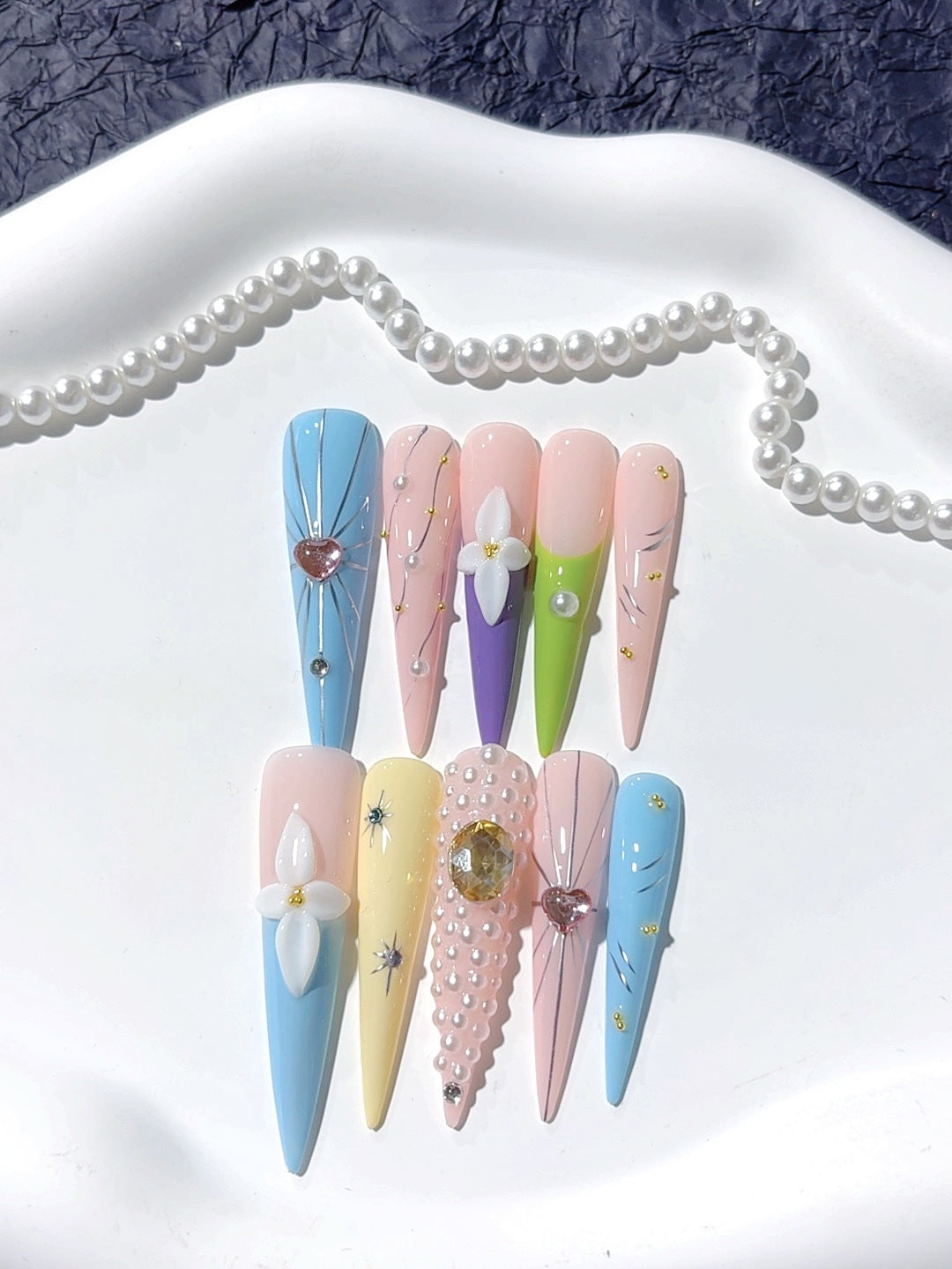 Pastel Floral Crystal Sculpted Press On Nail Set