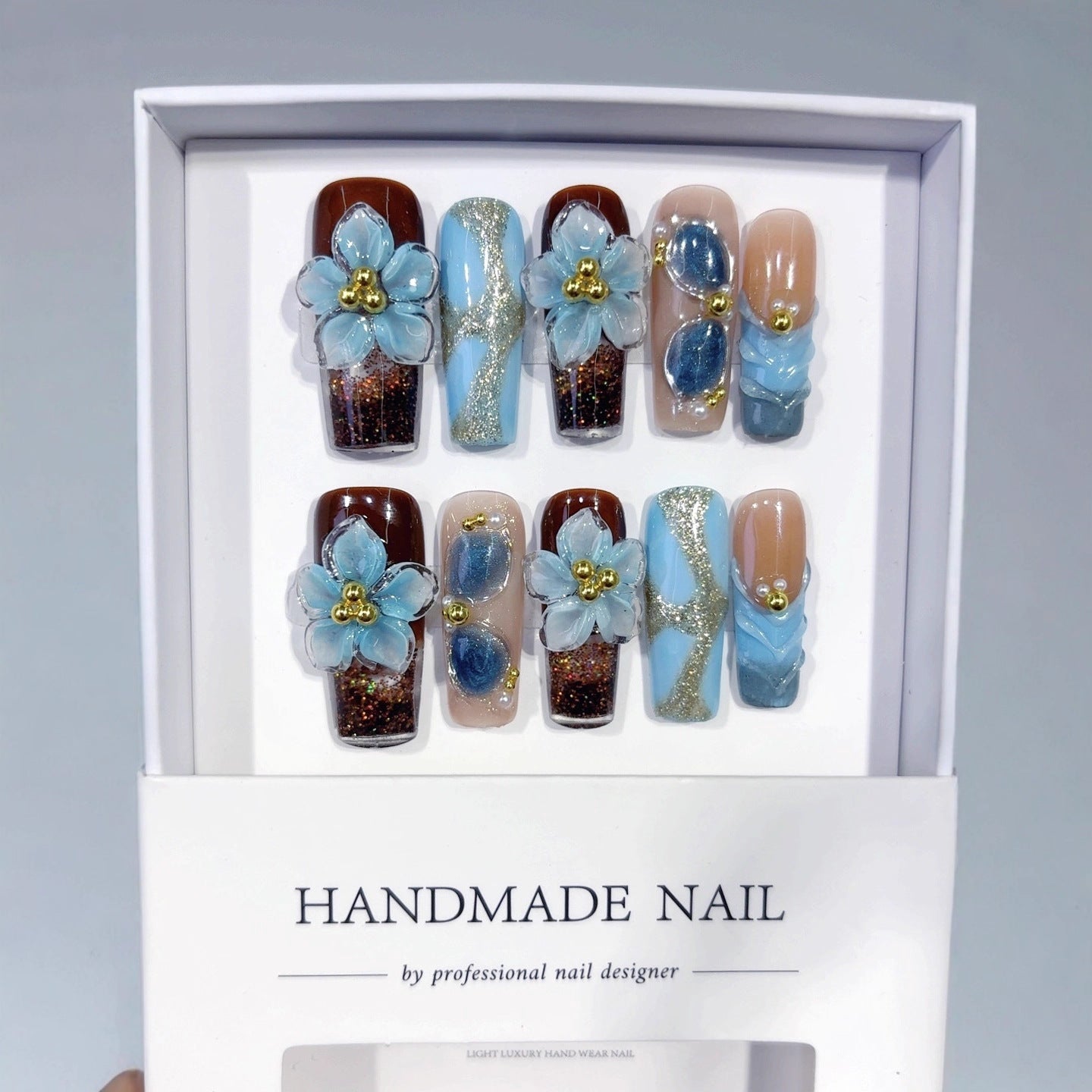 Blue Floral Sculpted Long Press On Nails