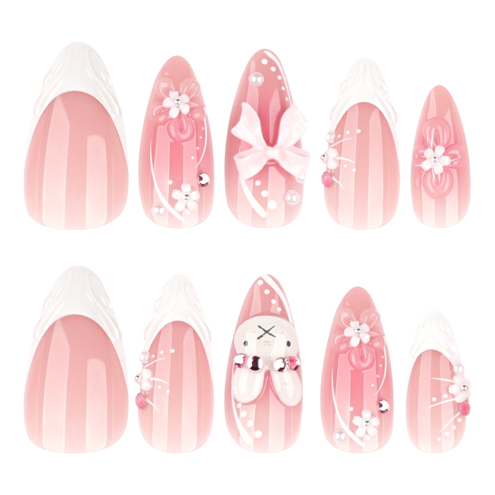 Long Almond Press On Nails with Pink Base & White Bunny & Bow & Floral Accents
