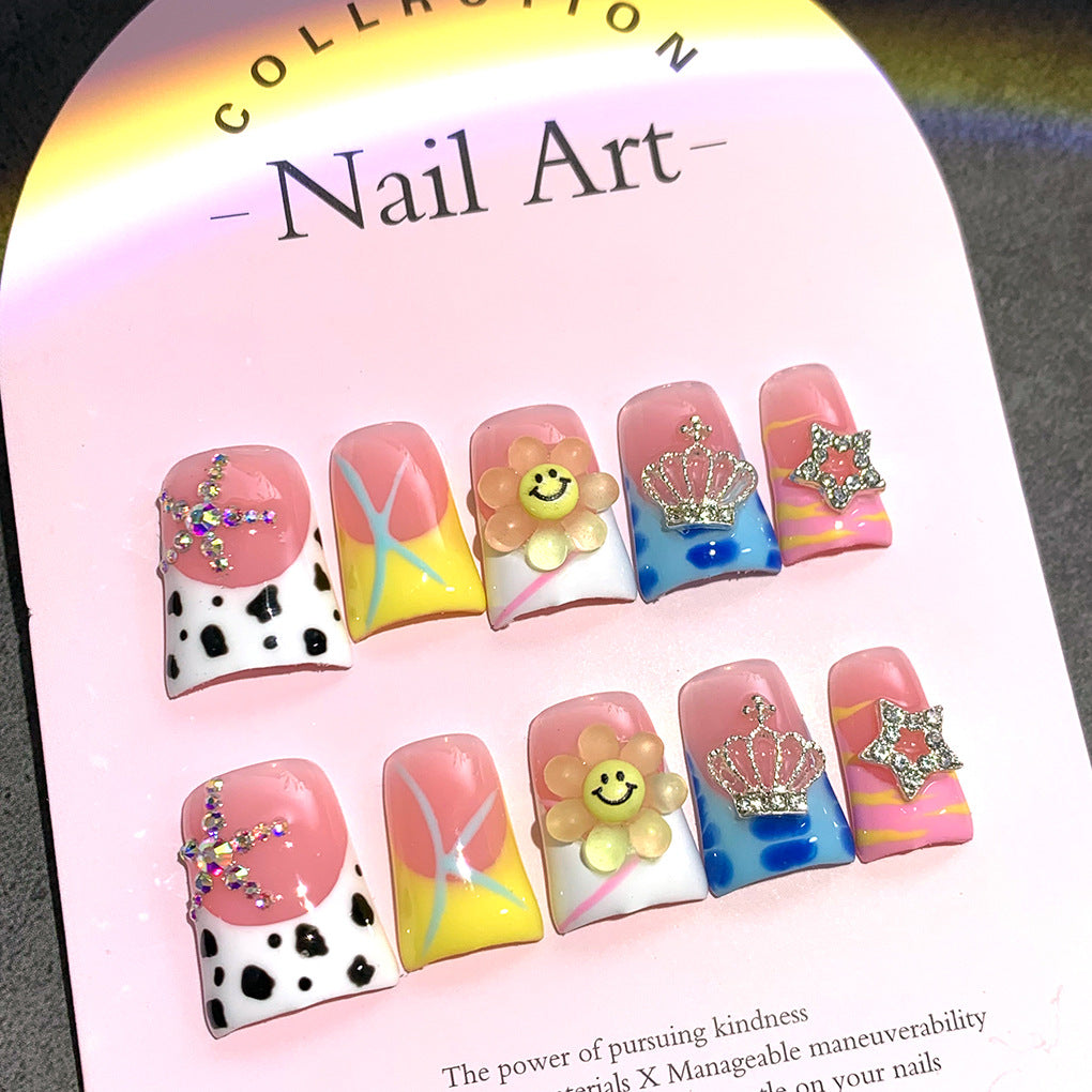 Colorful Pink Nails with Smiley Flower and Star Charms