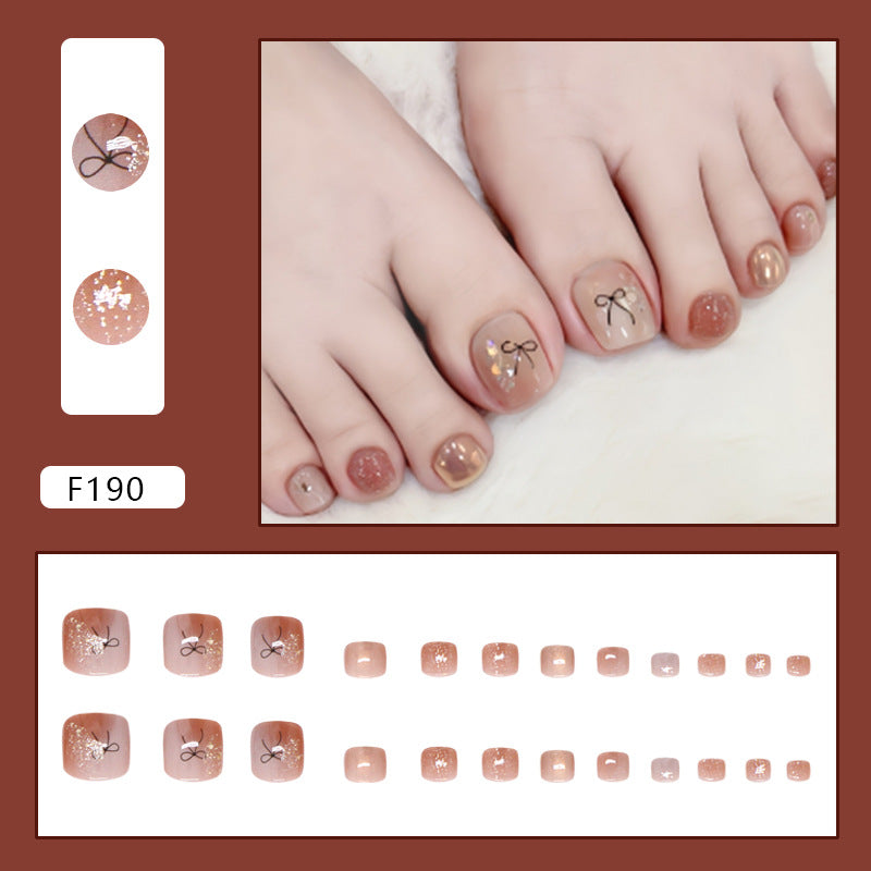 Unhas dos pés postiças removíveis, 24 peças, marrom claro, branco leitoso, com borrões finos e linhas brilhantes