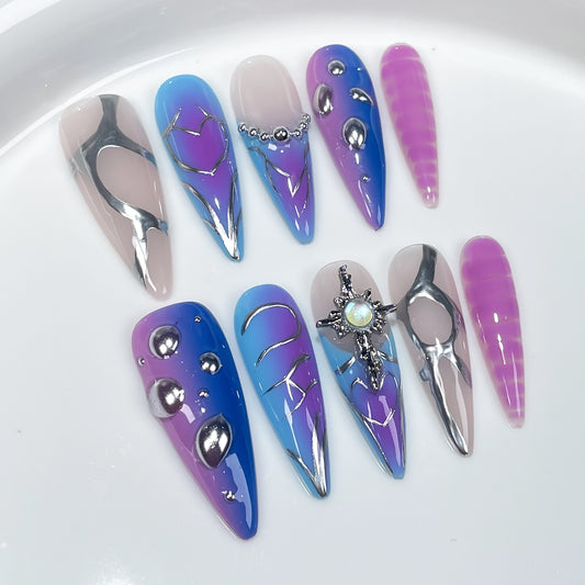 Long-pointed two-color gradual change Handmade press on nails sweet cool hot girl irregular shape hand-painted nail patch wholesale｜365nails