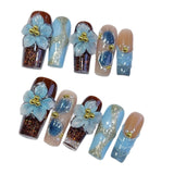Blue Floral Sculpted Long Press On Nails