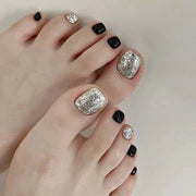 White, sweet and cool, black solid color manicure, flash silver, special fake  for press-on nails feet, Press-on toenails ｜365nails