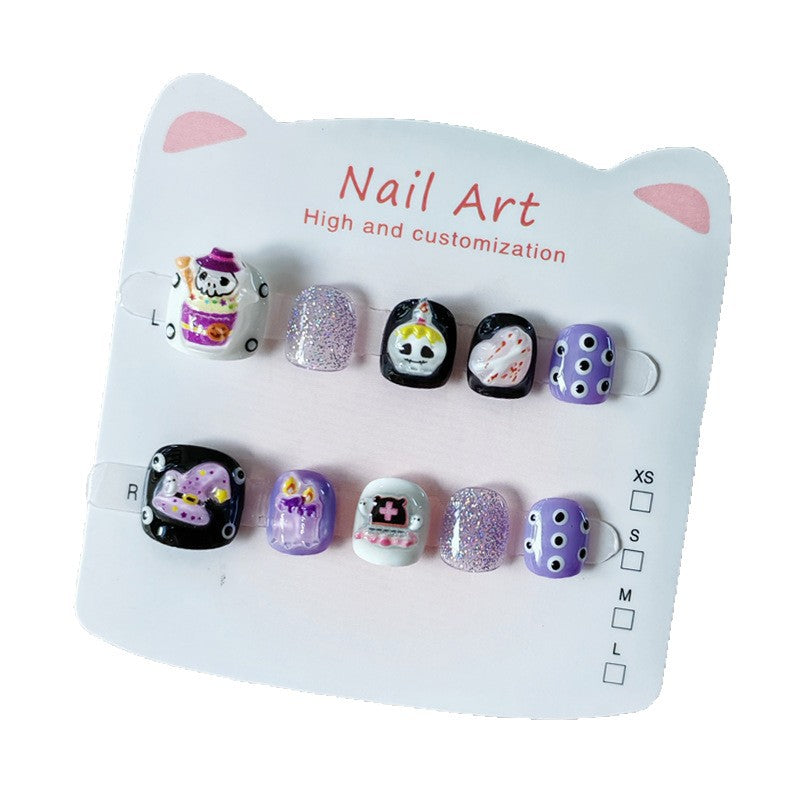 365nails-Série Infantil de Halloween Assustador: "Magia da Caveira Roxa" – Unhas Postiças Infantis Curtas Quadradas