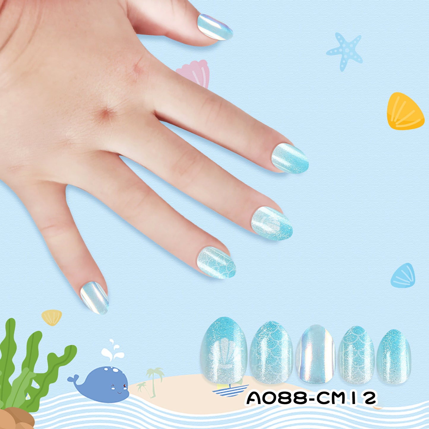 Kids press-on nails Mermaid shell phosphorescent pointed almond nail child 24 pieces