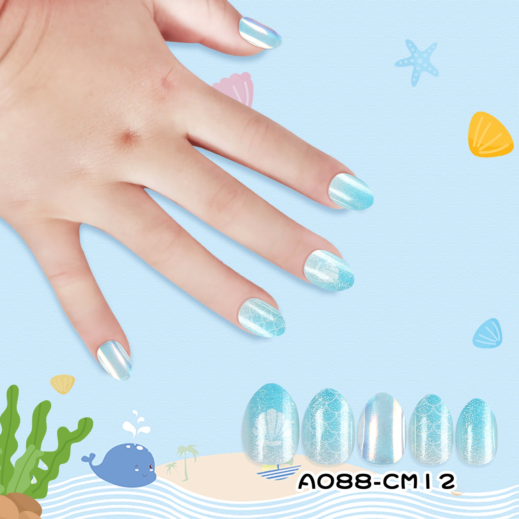 Kids press-on nails Mermaid shell phosphorescent pointed almond nail child 24 pieces