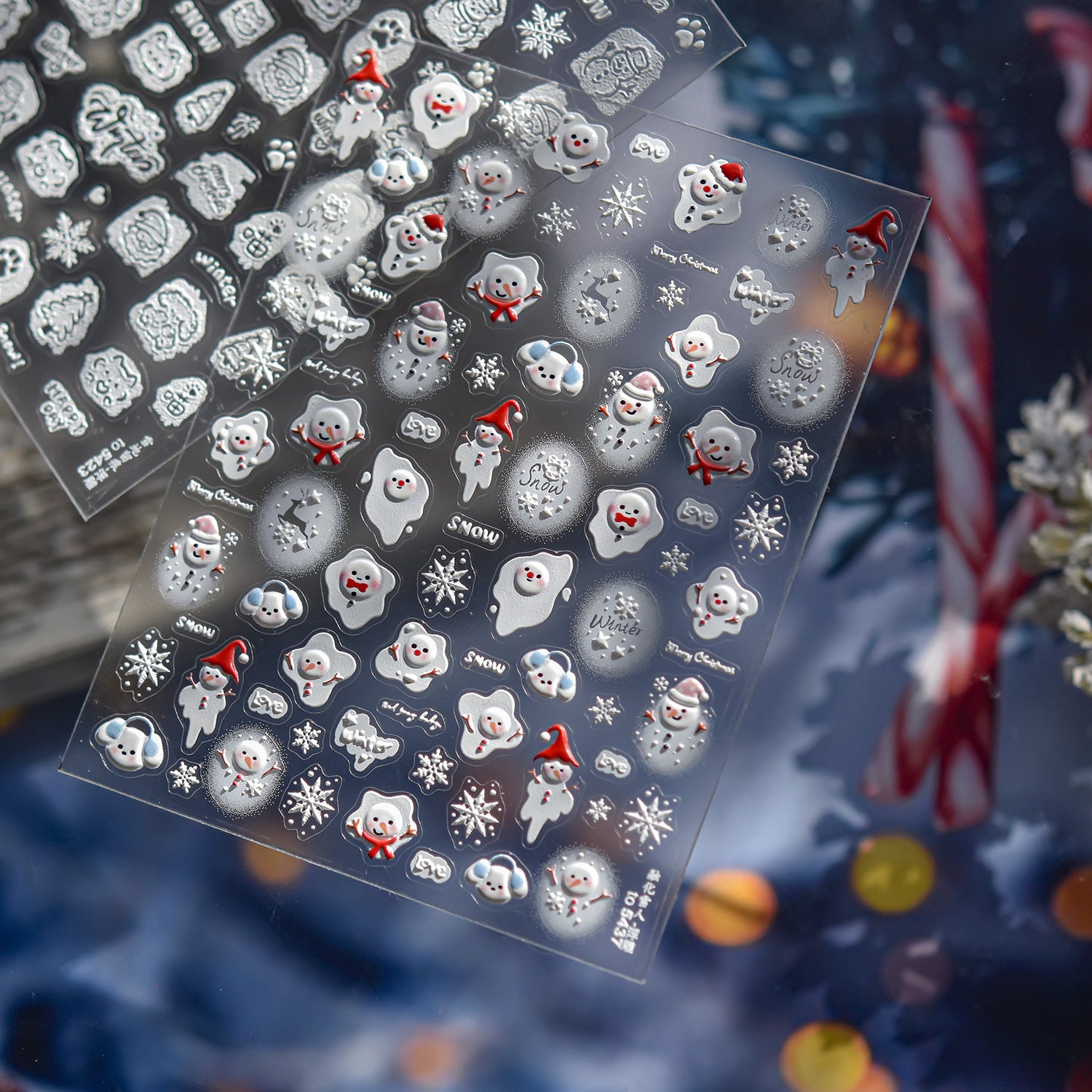 冬季雪人系列：「可愛雪人與雪花」— 3D 浮雕指甲貼