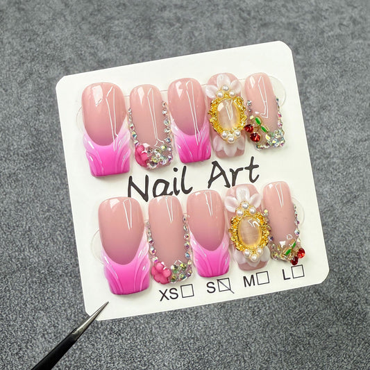 Escultura tridimensional pura e doce, remendo de unha quadrado europeu, gelo através de unhas postiças francesas feitas à mão, atacado de fábrica｜365nails
