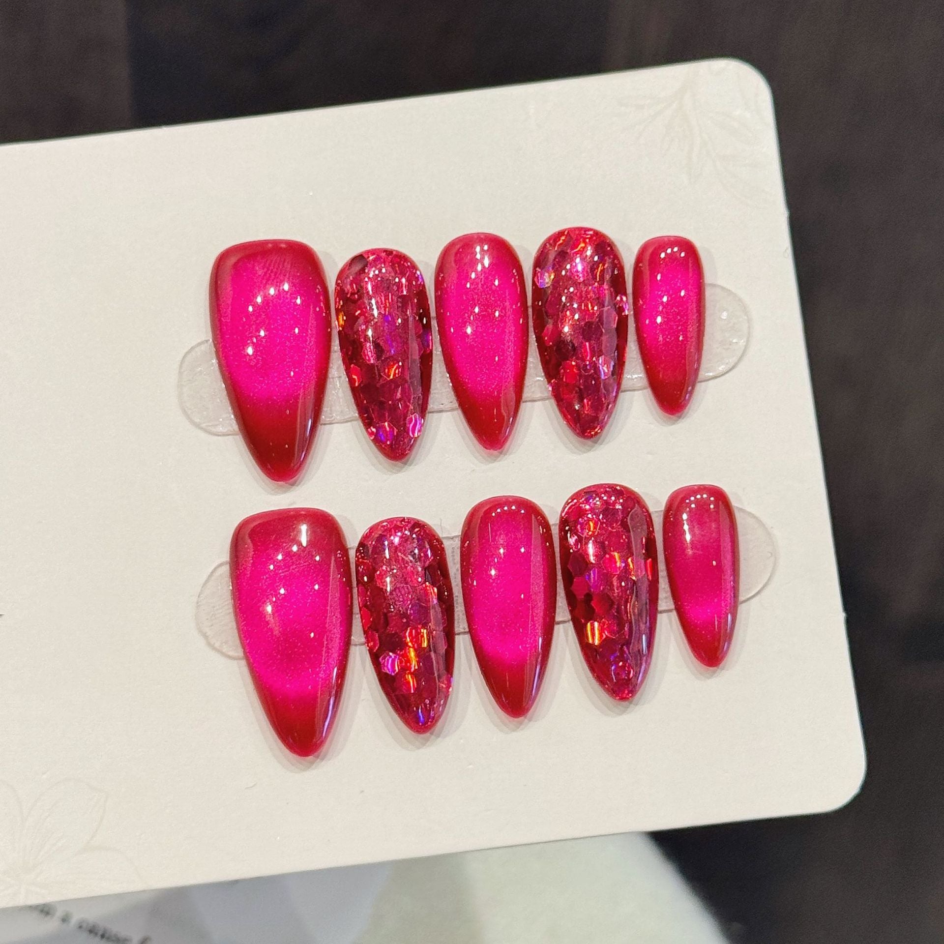 Shiny Hot Pink Glitter Press On Nails Mixed Shapes
