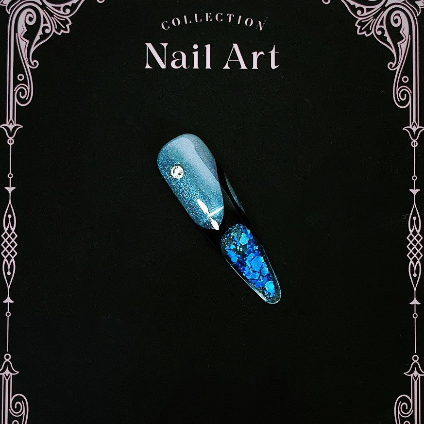 Title Midnight Deep-Sea | Black-Gold Blue Crystal Art Series Press-On Nails