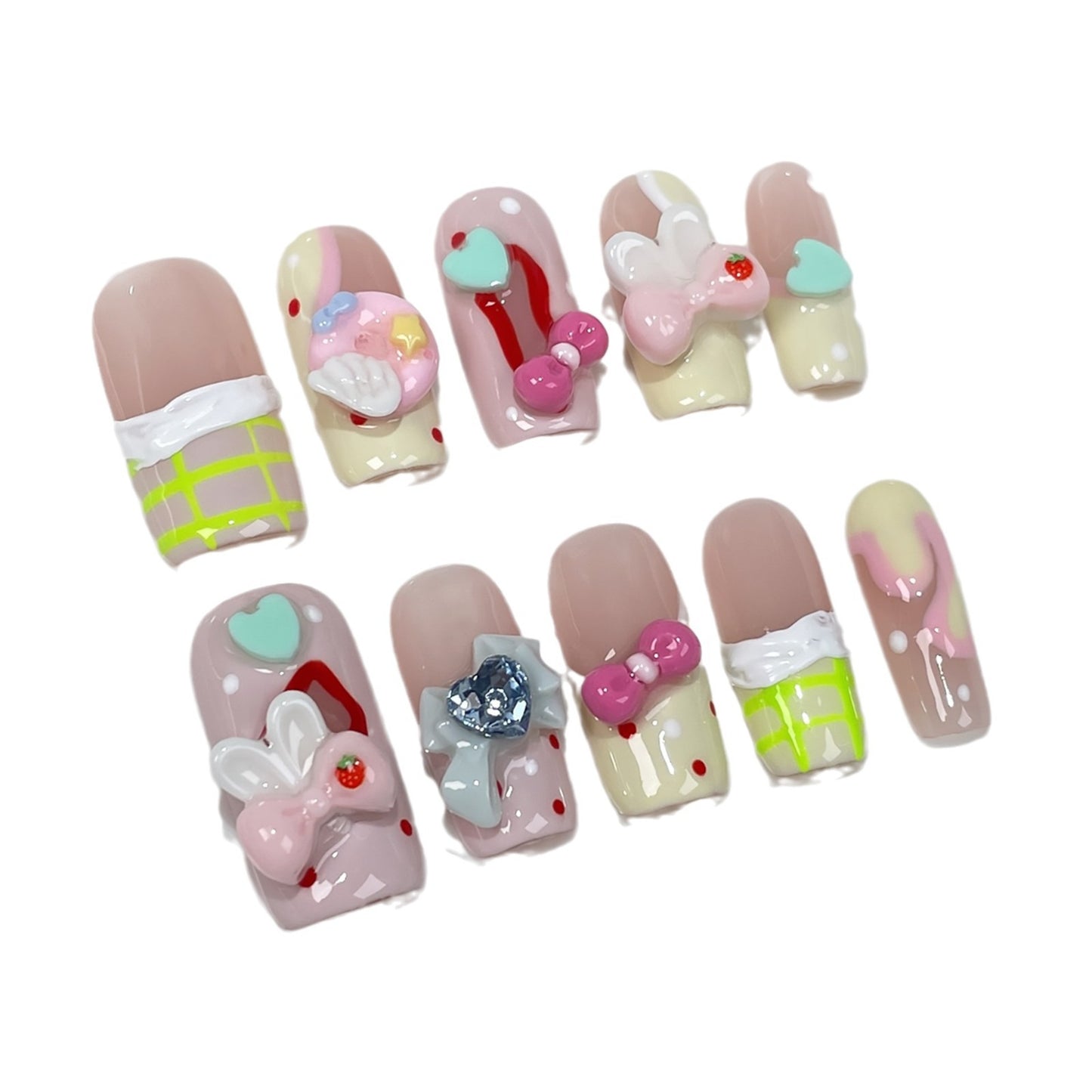Sweet and cute handmade press-on nails medium and long square pure desire ice through hand-painted nail patch wearable fake nail wholesale｜365nails