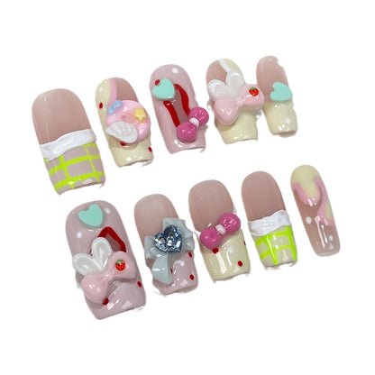 Sweet and cute handmade press-on nails medium and long square pure desire ice through hand-painted nail patch wearable fake nail wholesale｜365nails