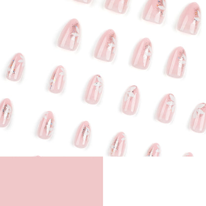 Unhas curtas de pressão com glitter em formato de flor de vento rosa simples ｜365nails