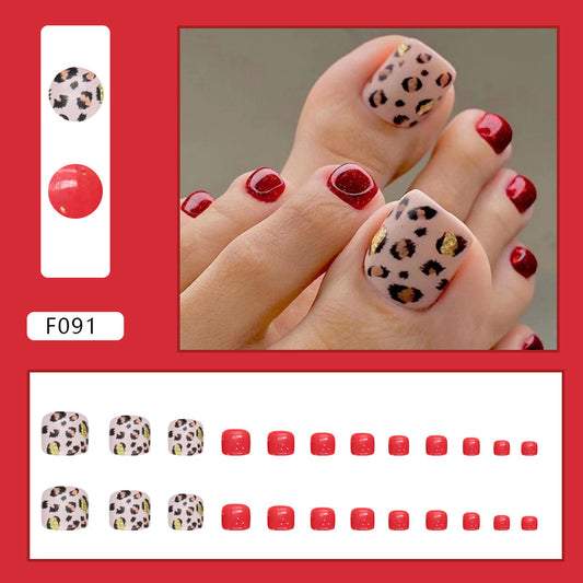 Burgundy sparkling sweet and cool leopard print manicure Press-on toenails model wearing cool and elegant girl fake nails 24 pieces boxed Press-on toenails nail pieces｜365nails