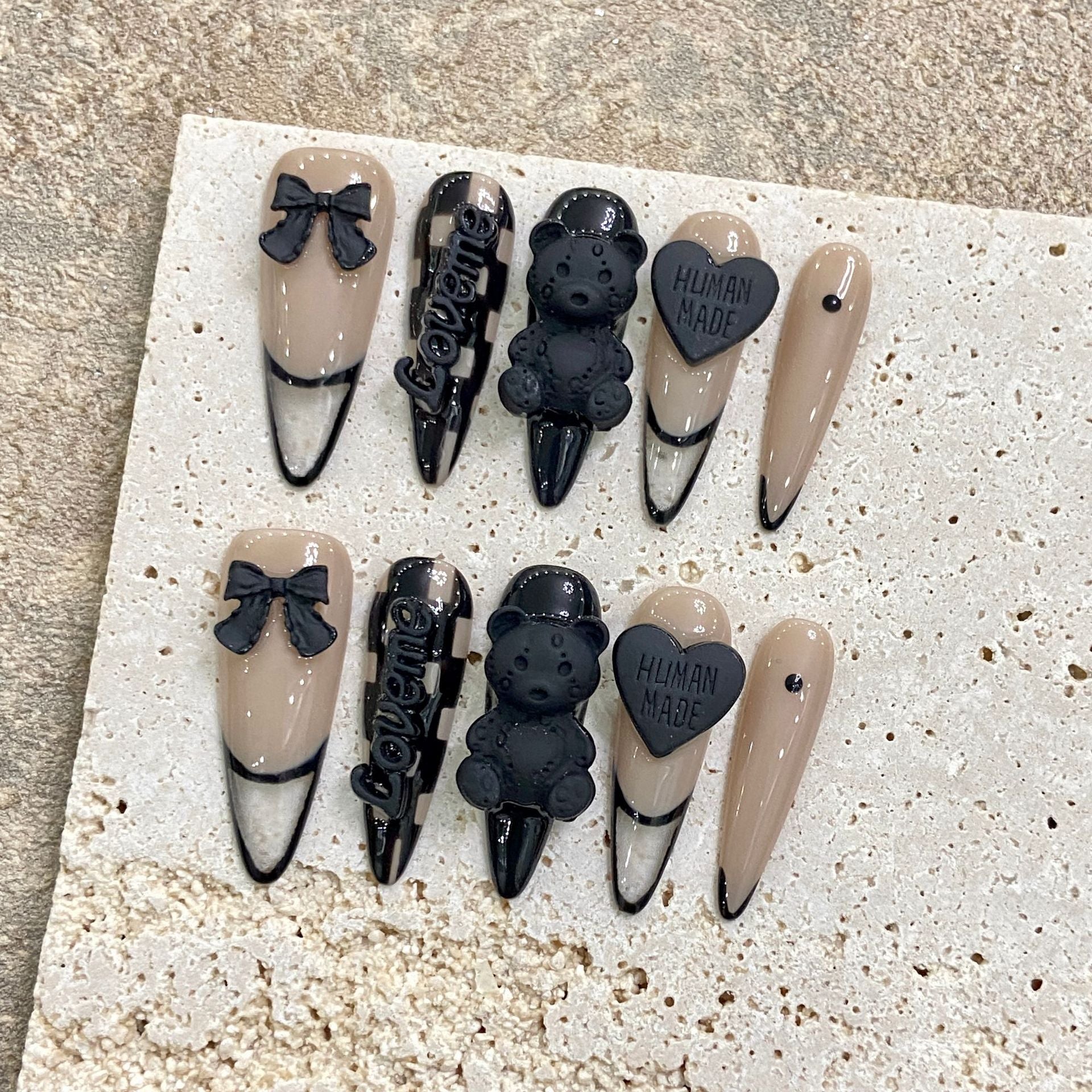 Handmade Wear Nail Black Checkerboard Bear Love Versatile Wear Nail Nail Art Removable | 365nails