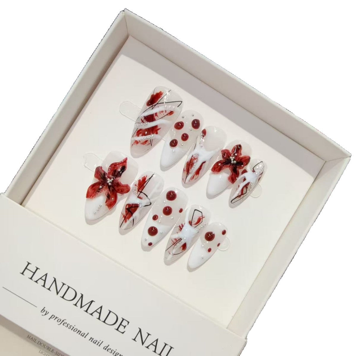 365nails: "Ruby Bloom" – 3D 입체 꽃 수제 스틸레토형 프레스온 네일