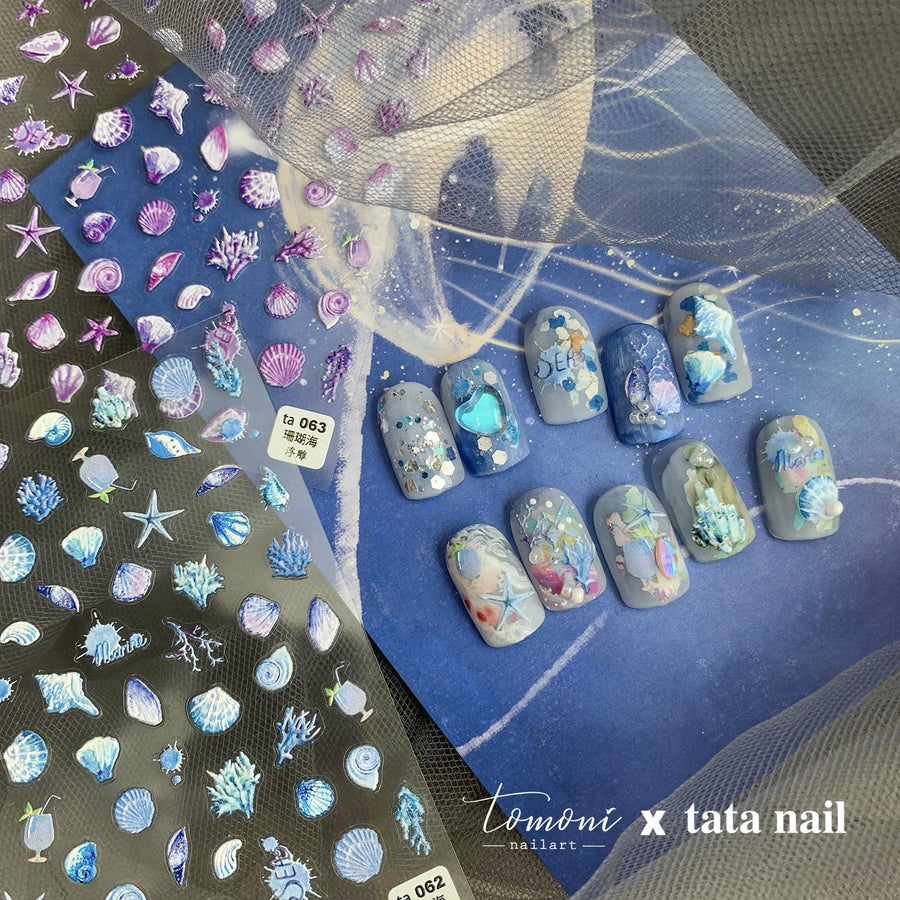 Holographic Coral Sea Nail Stickers – 3D Embossed Ocean Set