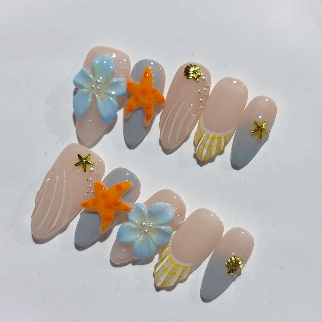 海洋美人魚: "深海星辰美人魚" – 中長款杏仁形藍白貝殼手工製穿戴甲