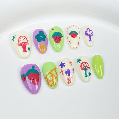 Graffiti Cartoon Handmade Press-on Nails Dream Little Mushroom Hand Painted Cute Sweet Strawberry Nail Patch｜365nails
