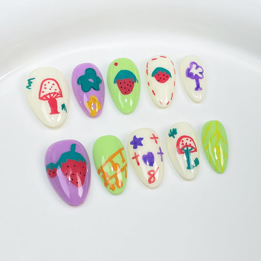 Graffiti Cartoon Handmade Press-on Nails Dream Little Mushroom Hand Painted Cute Sweet Strawberry Nail Patch｜365nails