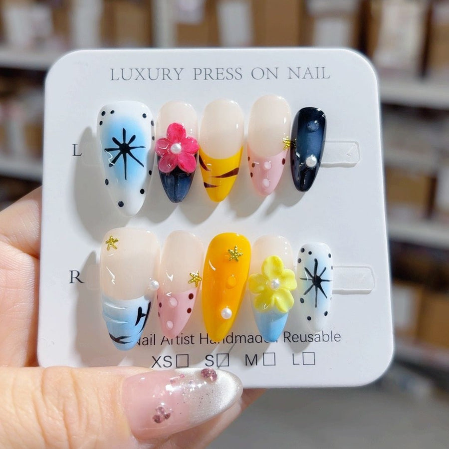 365nails-Pop Art Floral: "Colorful Mix" – Almond Shape Handmade 3D Carved Press-On Nails
