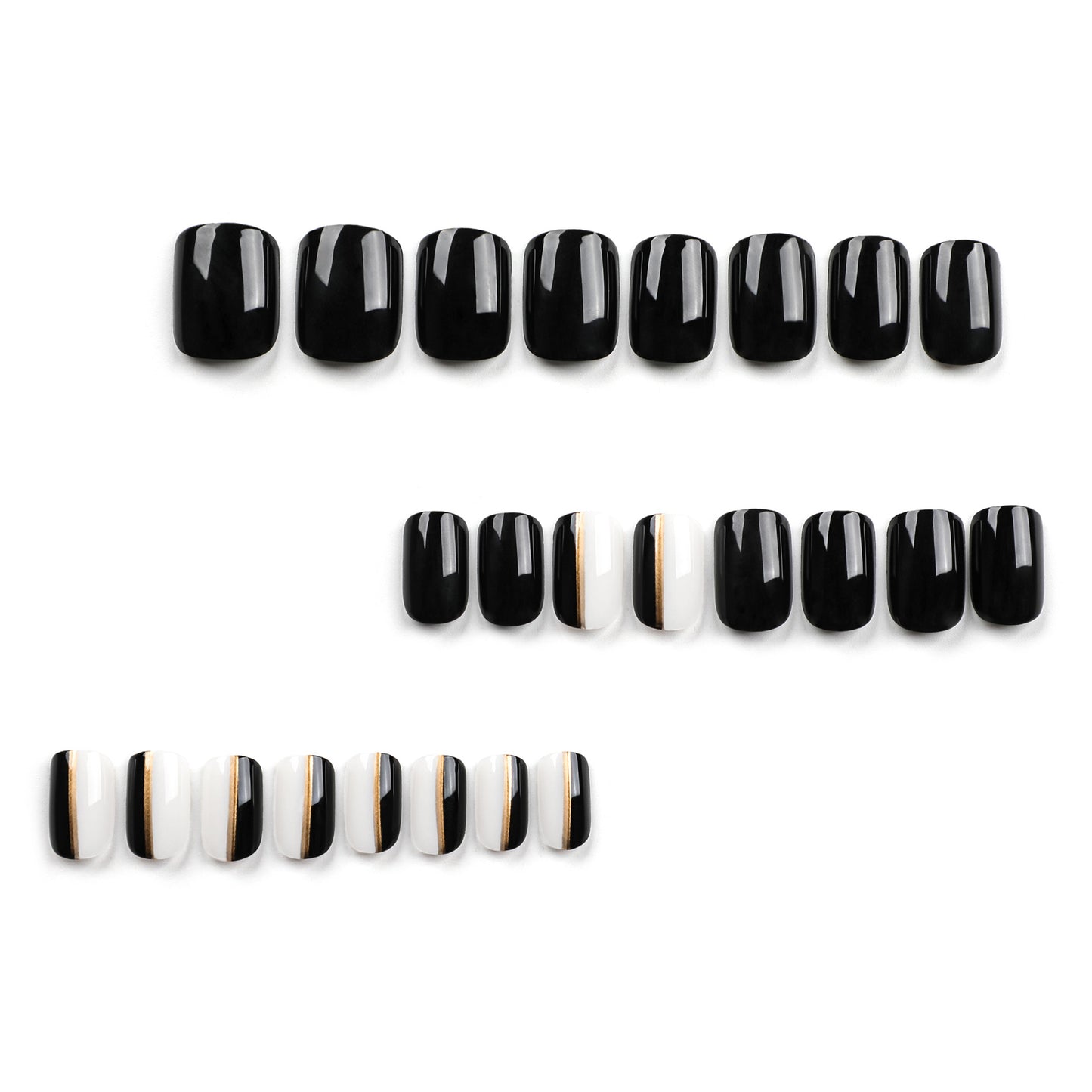 Uñas postizas clásicas de color negro sólido, con diseño de rayas doradas, para manicura, venta al por mayor | 365nails