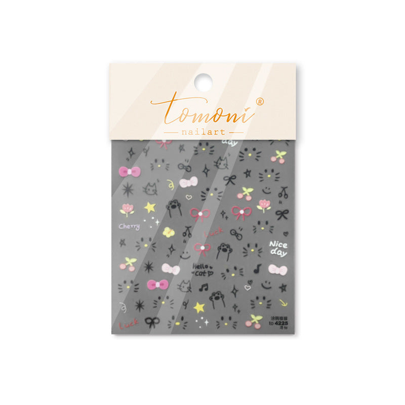 Cute Cat & Bow: "Kawaii Cat Playtime" – 5D Embossed Nail Sticker