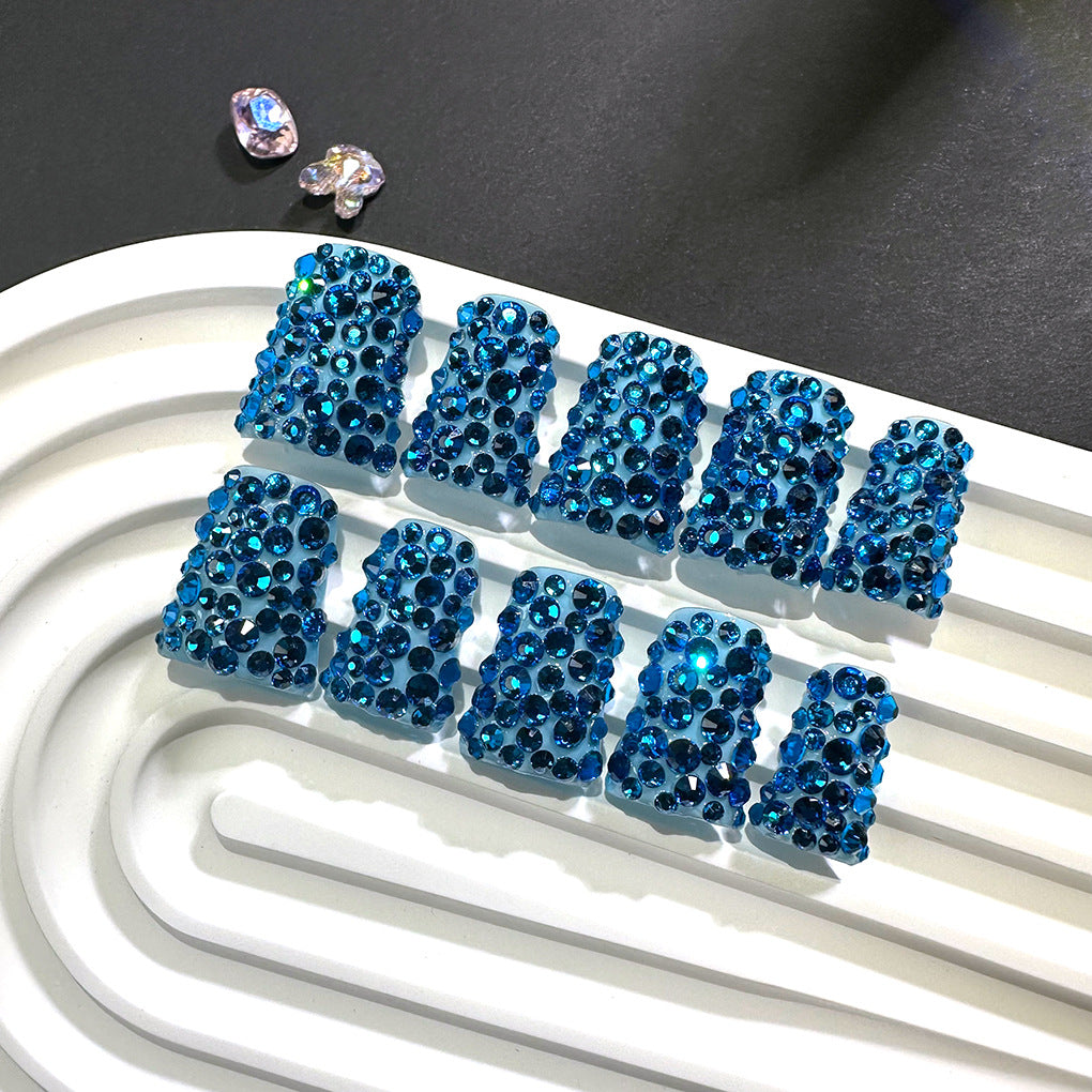 Deep Blue Crystal Nails with Full Sparkle Finish