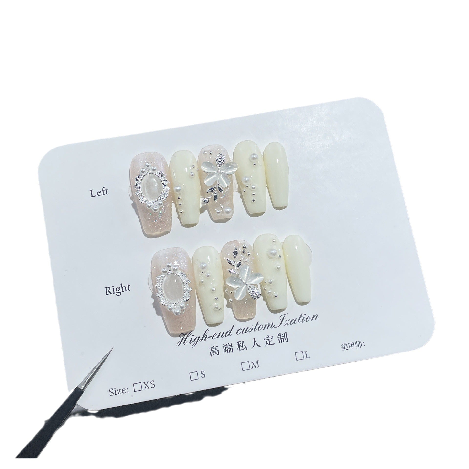 Unhas postiças artesanais, flor de opala perolada, médias e longas, adesivo de unha leve e luxuoso premium ｜ 365nails