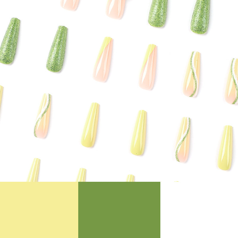 Unhas postiças francesas com glitter verde e borboleta 3D para mulheres