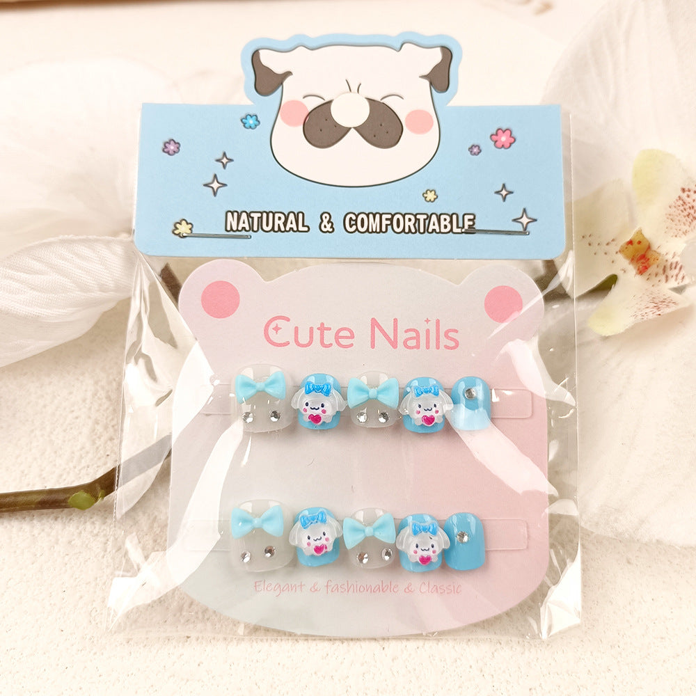 Children's cartoon short manicure 3D children's bow wearing armor 10 pieces three-dimensional diamond-set jade cinnamon dog nail pieces