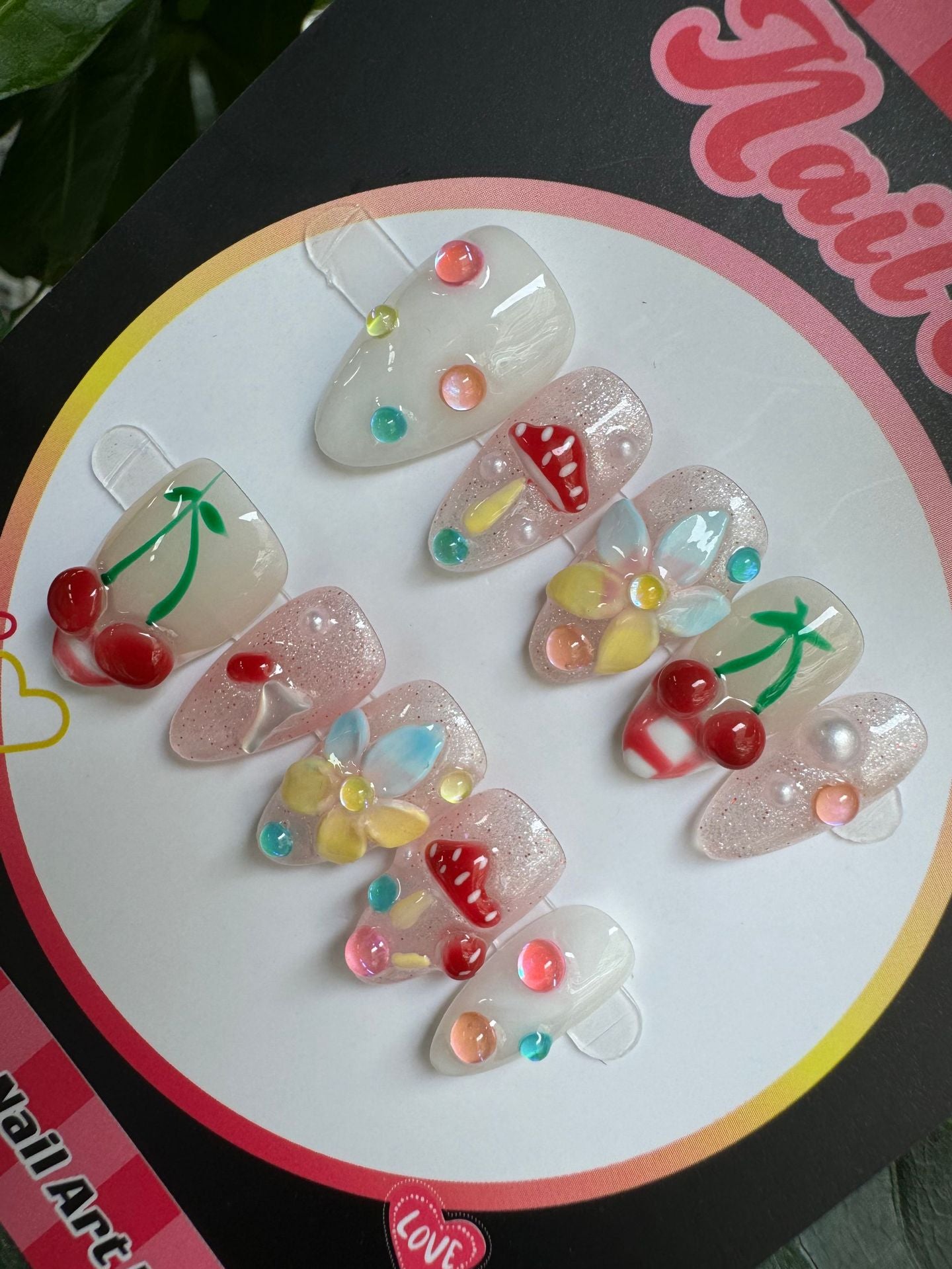 365nails: "Sweet Garden" – 3D Fruit & Mushroom Handmade Almond Nails