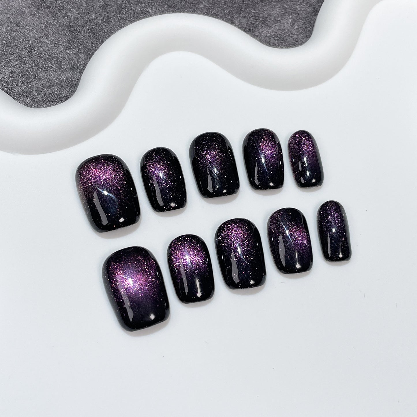 Unhas postiças artesanais 9D estilo olho de gato simples e curtas ｜365nails