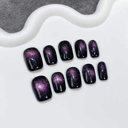 Unhas postiças artesanais 9D estilo olho de gato simples e curtas ｜365nails