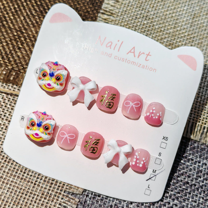 365nails: "pink lucky lion dance" – short round handmade kids press-on nails