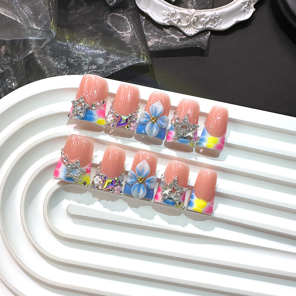Colorful Floral Star Crystal French Press On Nails
