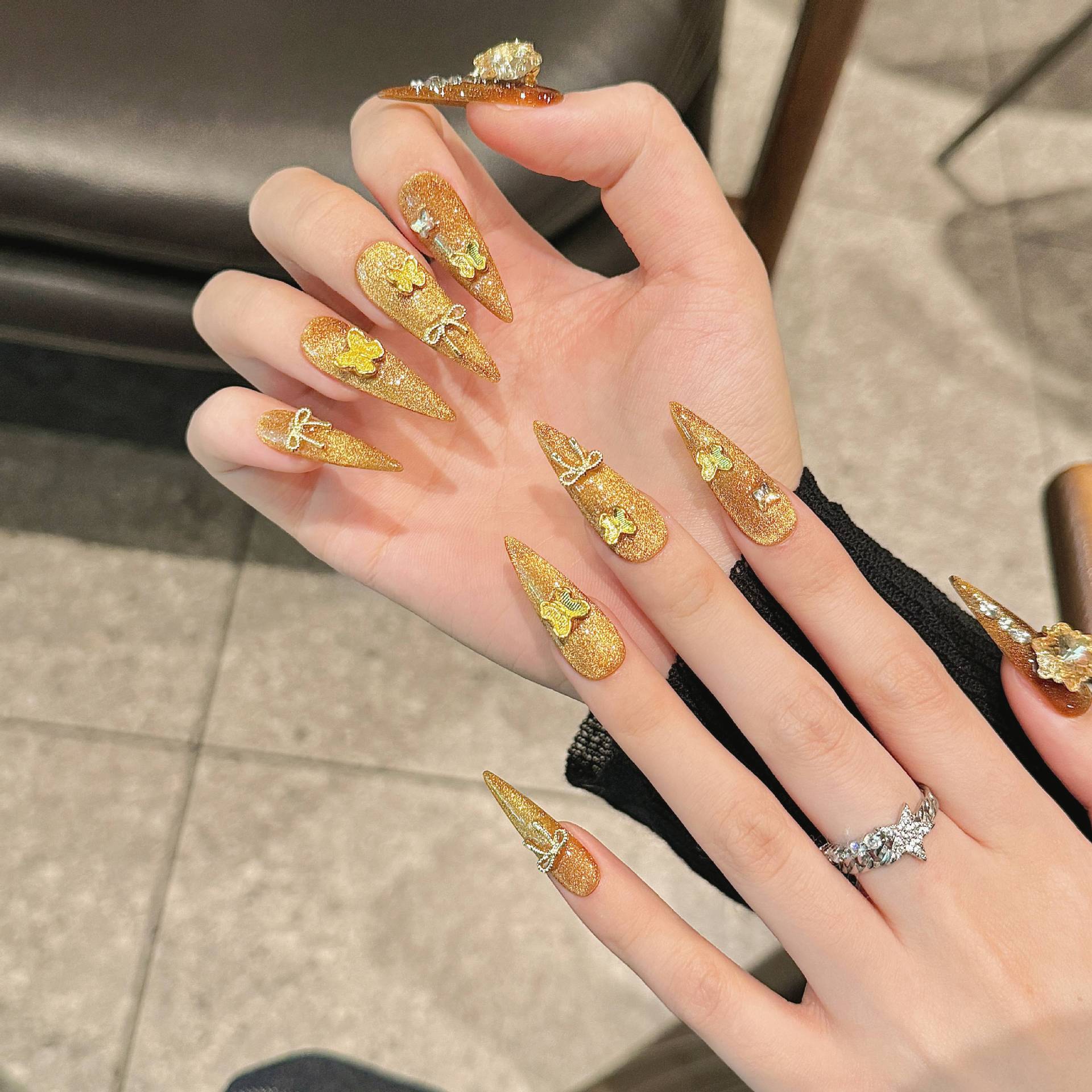 365nails: "Golden Dynasty" – 3D Floral & Gem Handmade Long Stiletto Nails