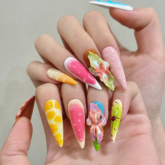 Three-dimensional Flowers Tropical Flowers Multicolored Nail Art Pure handmade press on nails Wear | 365nails