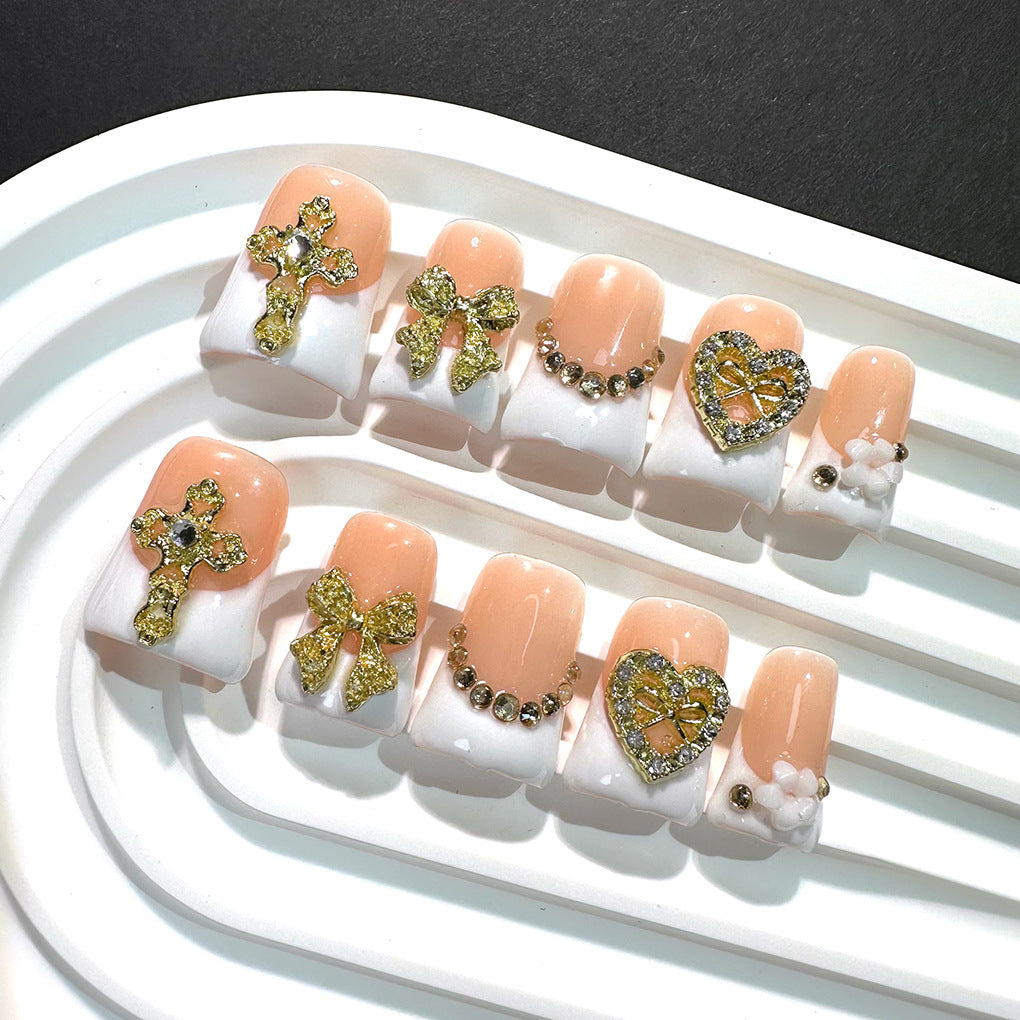 White Gold Cross Heart Press On Nails