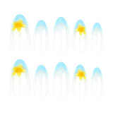 Filme de arte de unha simples azul francês, unhas curtas e redondas, unhas postiças com flores tropicais 3D, atacado ｜ 365nails