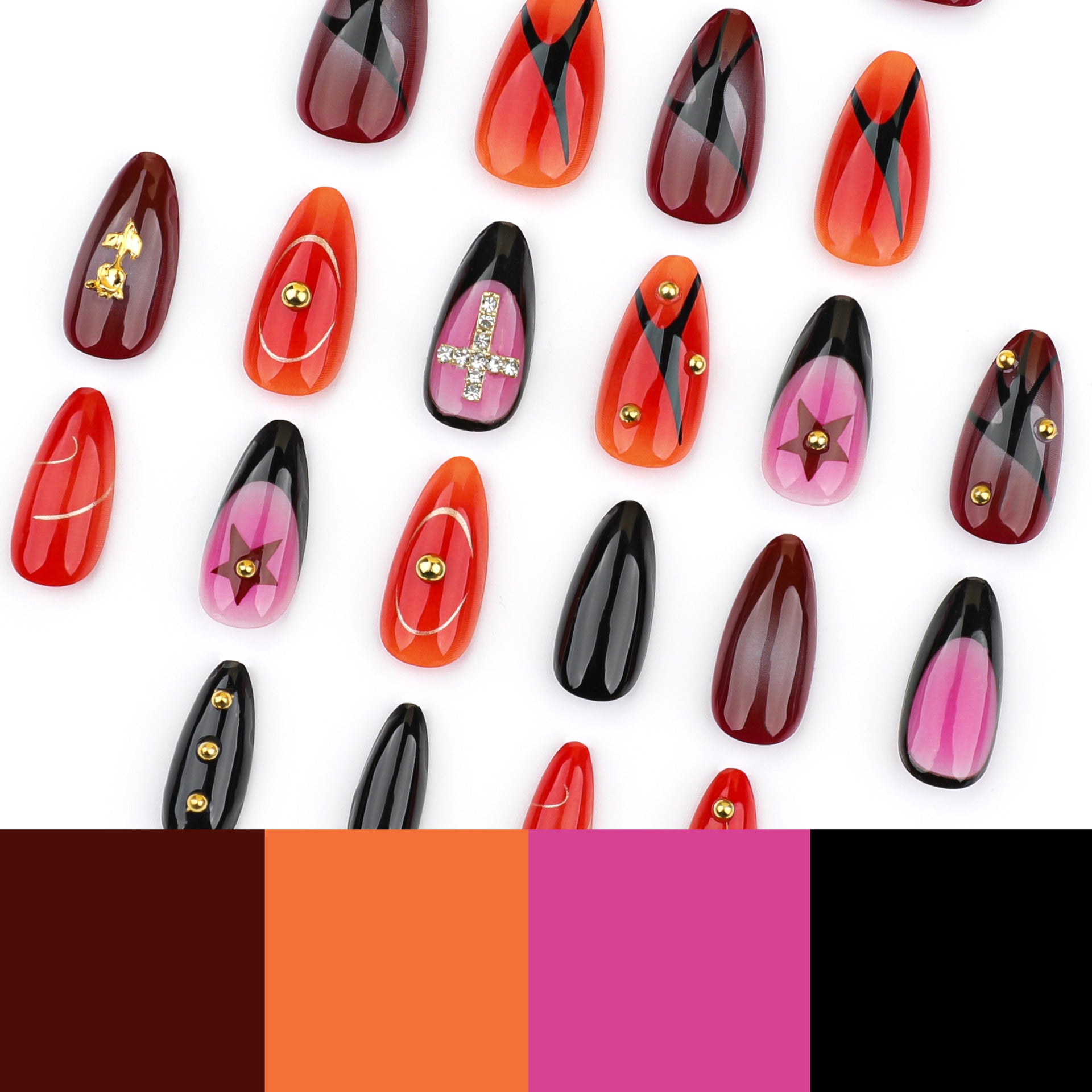 Ponta de diamante de metal tridimensional rosa amêndoa usando unha francesa manchada Spice Girl cruz unha arte unhas postiças ｜ 365nails