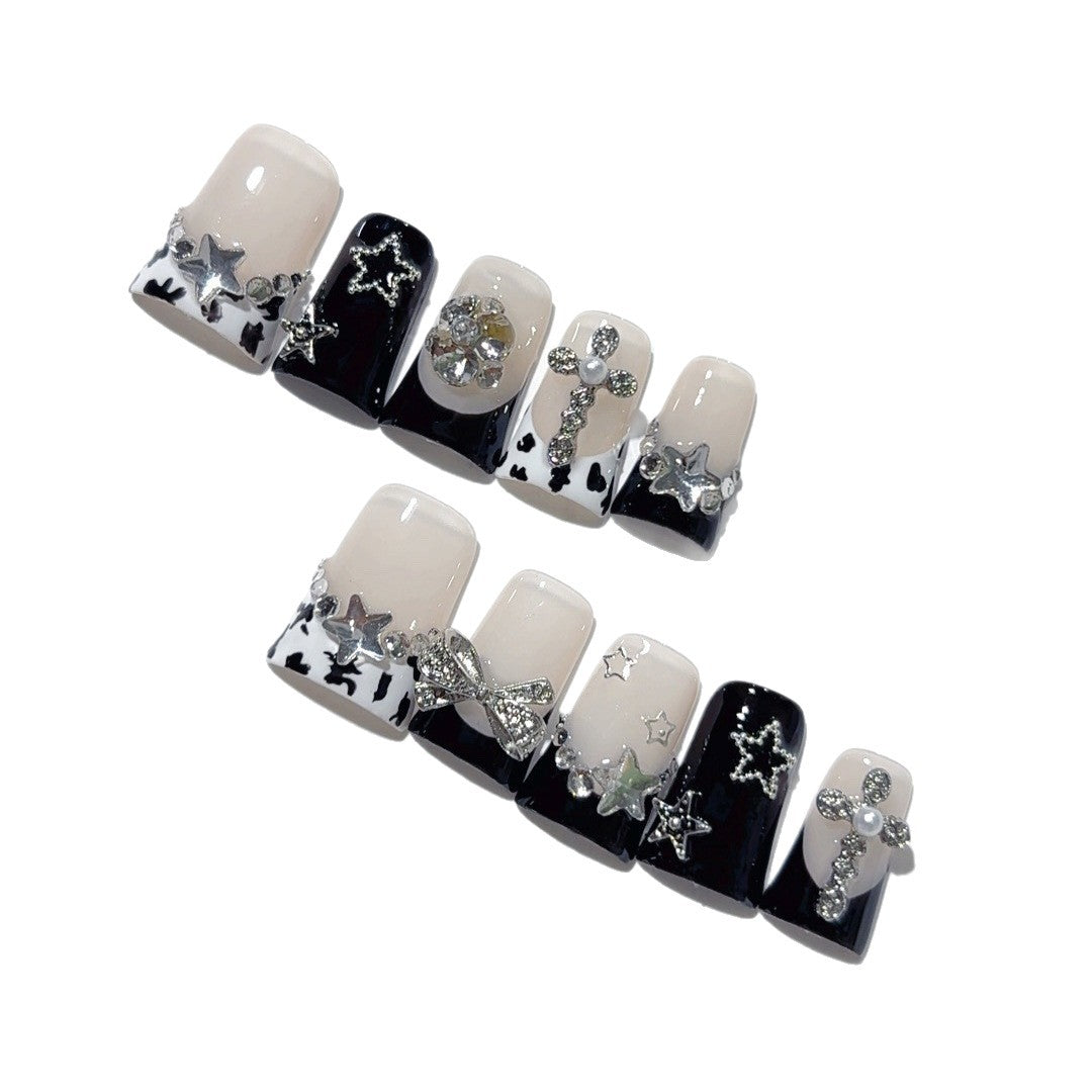 Gothic Starlight: "Noir Cross" – Long Square Press-On Nails