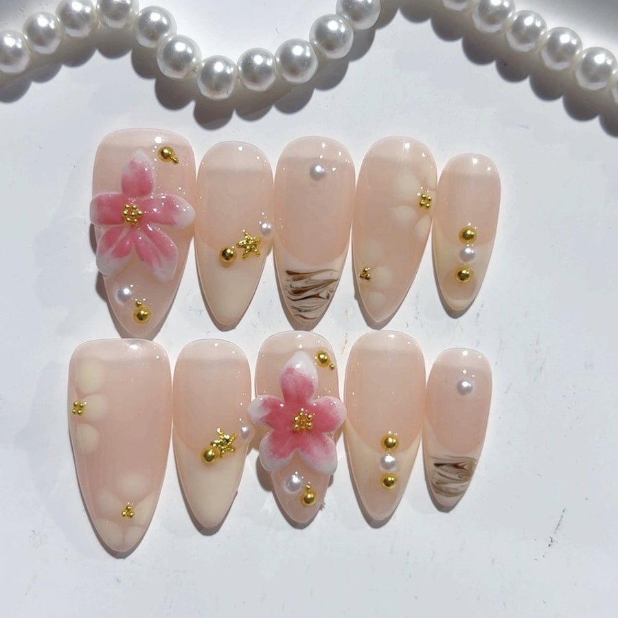365nails-Sakura Pearl: "Cherry Blossom Stripe" – Almond Shape Handmade 3D Carved Press-On Nails