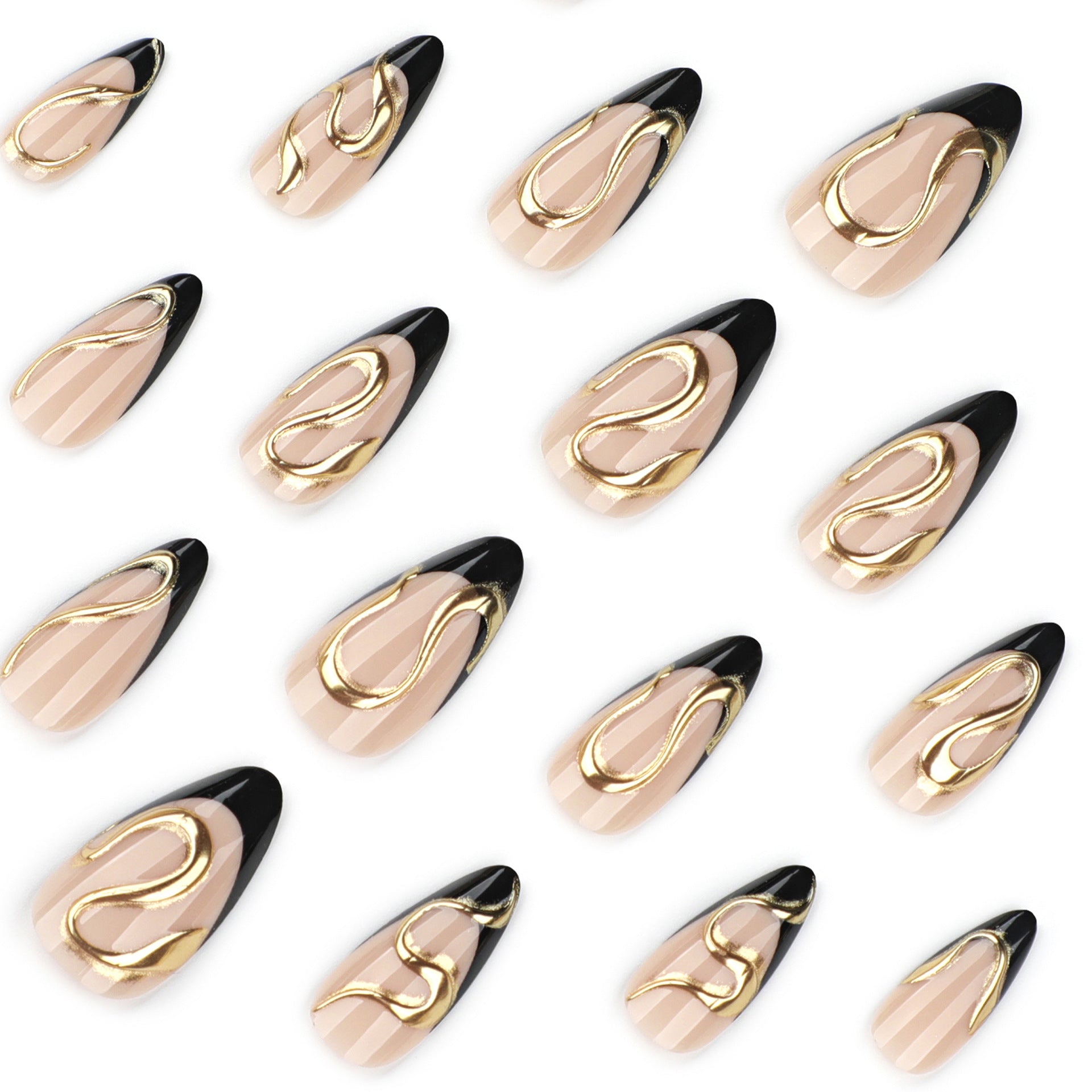 Long Almond Press On Nails with Nude Base & Black French Tip & Gold Line Accents